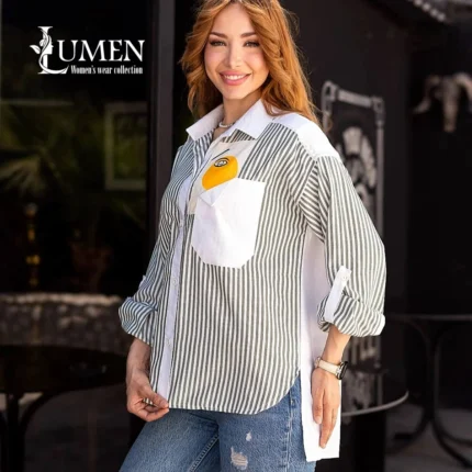 شومیز جلو کوتاه پشت بلند راه‌راه تمام نخ کد ۱۲۹۸ لومن